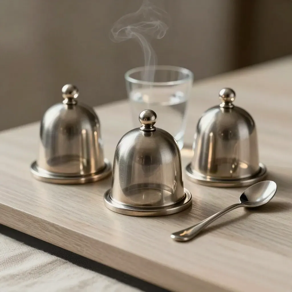 Trois cloches miniatures, une cuillère de dégustation et un verre discret sur bois clair.