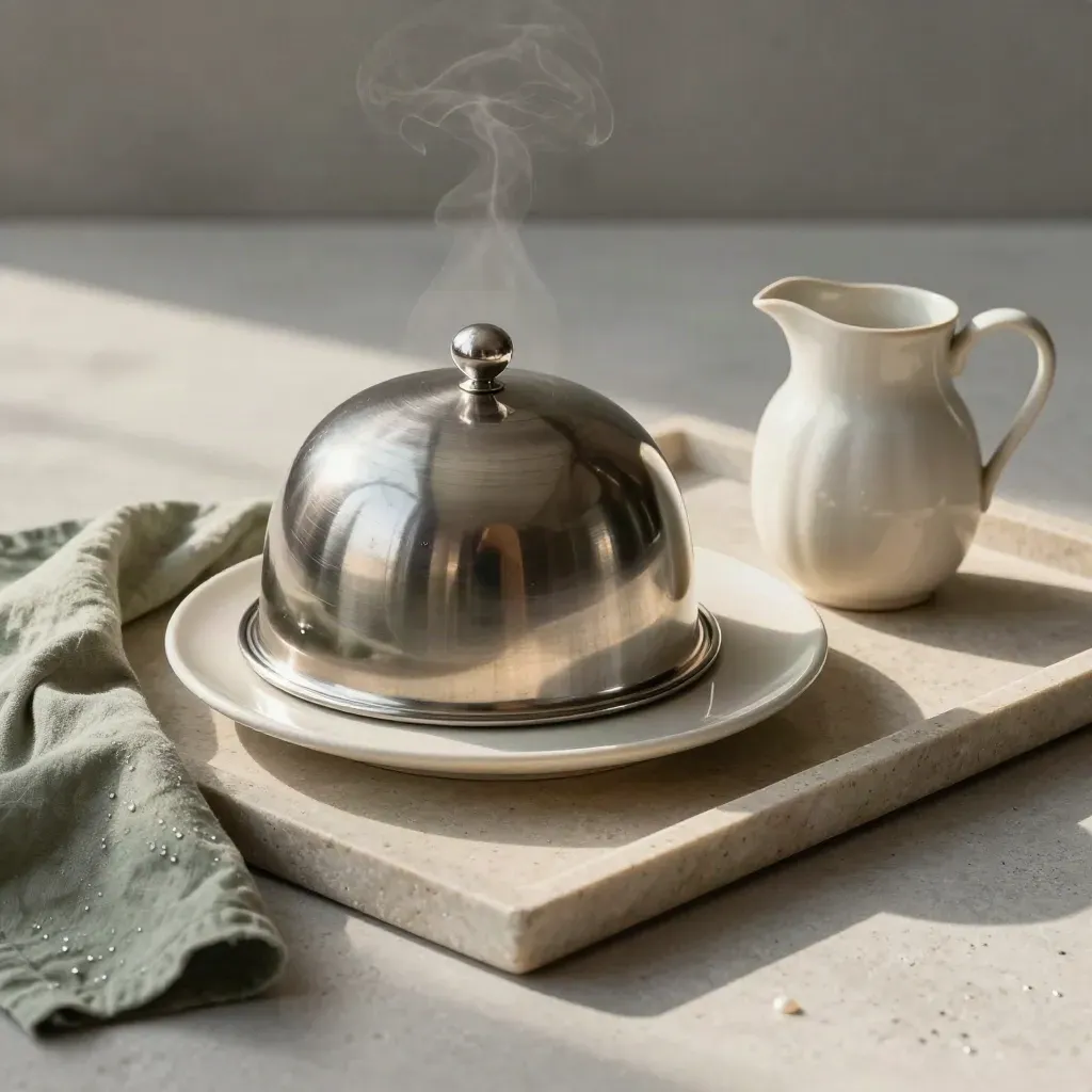 Plateau de service avec cloche levée, assiette chaude, pichet d’eau et linge vert sauge.