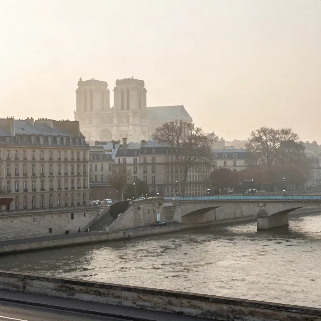 Panorama brumeux du centre de Paris sur la Seine, toits et ponts dans la lumière de l’aube.