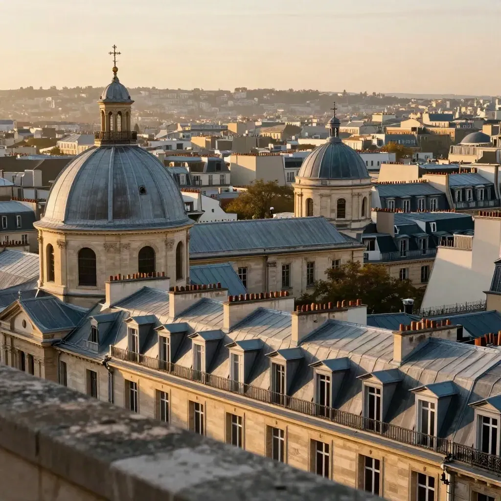 Panorama doré de la rive gauche parisienne, toits de zinc, dômes et façades de pierre.