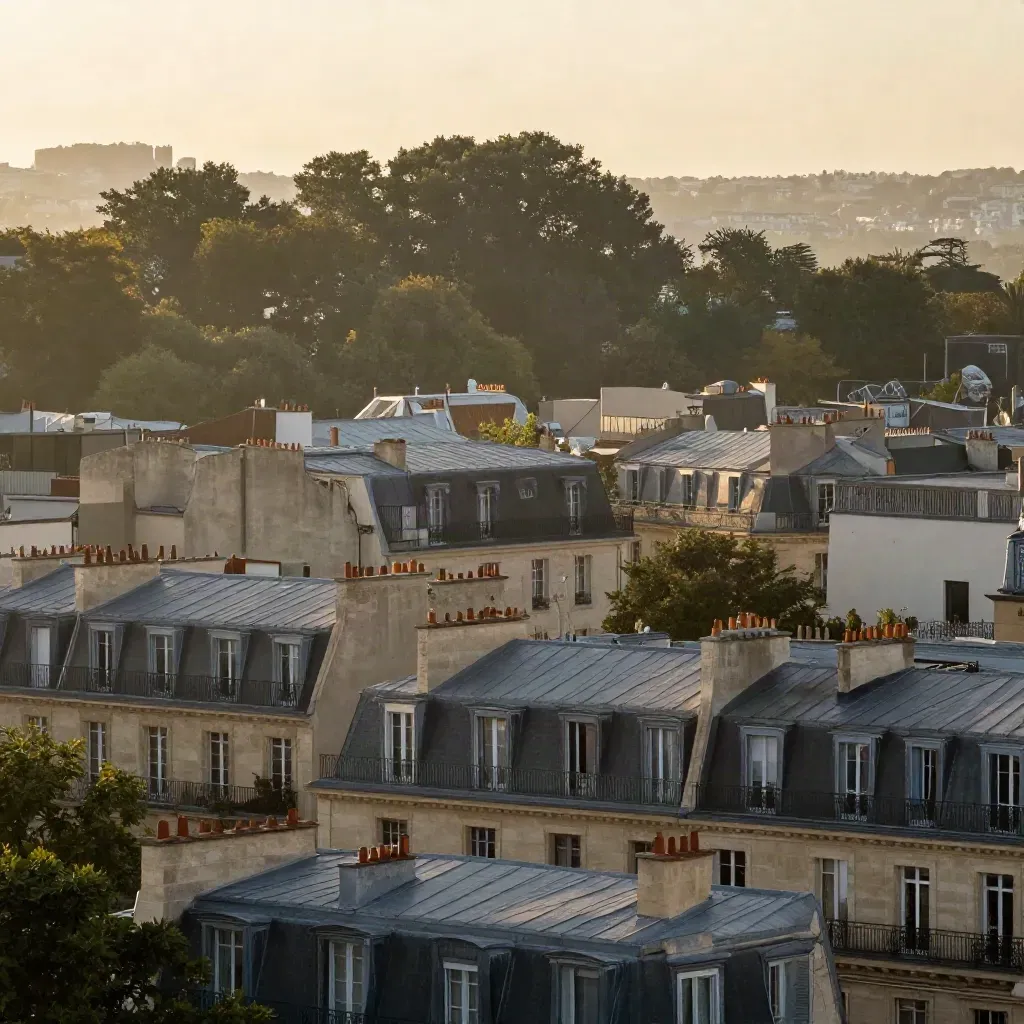 Vue matinale de l’est parisien vers Vincennes, toits bas, brume légère et horizon boisé.