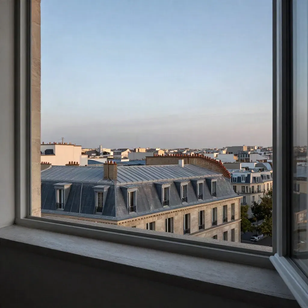 Panorama brumeux de la petite couronne avec toits clairs et ciel pâle au crépuscule.