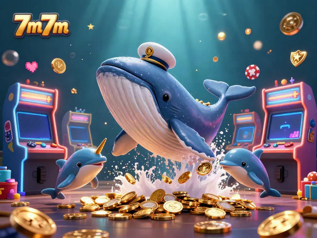 Engage with 7m7m's thrilling whale and narwhal casino adventure filled with playful dolphins and vibrant game elements.