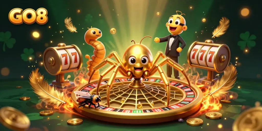 Engage in thrilling slot action with GO8 as a golden spider and croupier spin a roulette web of fun.
