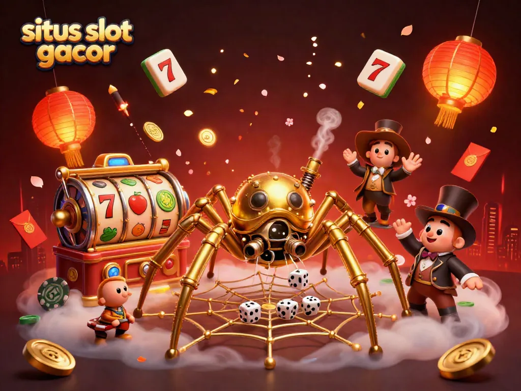 Engaging illustration showcasing a lively scene of situs slot gacor with a golden spider and dynamic game elements.
