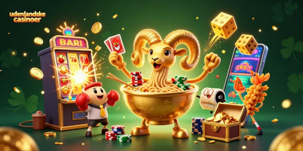 Engage with udenlandske casinoer as the golden ramen bowl character deals cards amidst a jackpot explosion.