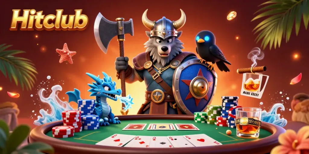 Hitclub's Viking wolf warrior and dragon engage at a poker table, showcasing thrilling gameplay elements.