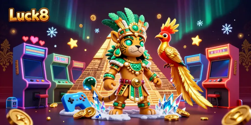 Luck8 offers a thrilling 3D depiction of a gaming adventure with a majestic Mayan jaguar priest and vibrant game elements.