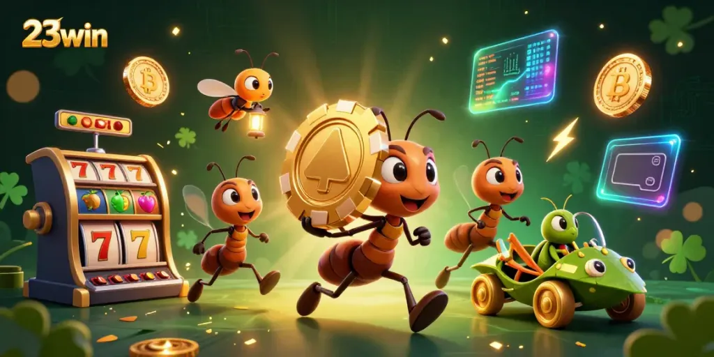 Prepare for a thrilling heist with 23win as ants carry a giant poker chip amidst glowing tokens and vibrant casino elements.