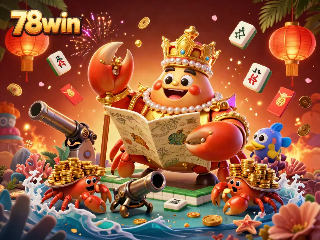 Experience the thrilling underwater adventure of 78win with a golden crab emperor and treasure map.