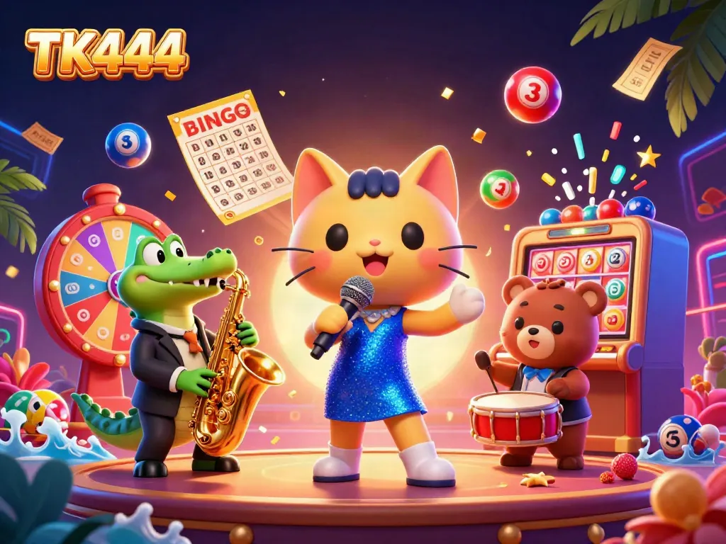 Experience the excitement of TK444 with vibrant casino characters and dynamic gaming elements.