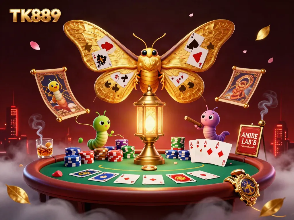 Engage in the thrilling world of TK889 casino gaming with colorful poker elements and illuminating moth characters.