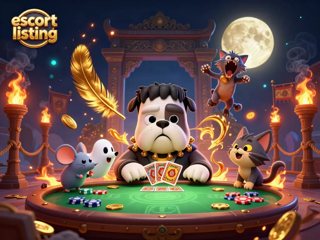 Engaging escort listing scene featuring Frankenstein bulldog monster and werewolf kitten with gambling elements.