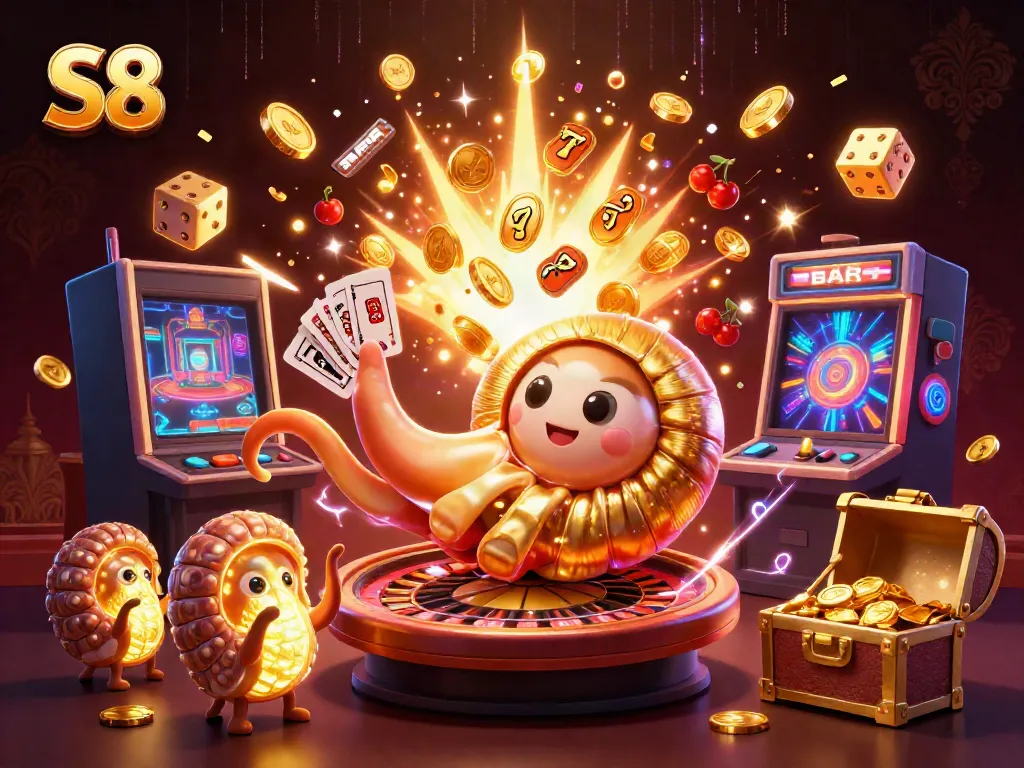 Experience the vibrant world of S8 with a dazzling casino scene featuring a giant nautilus and jackpot excitement.