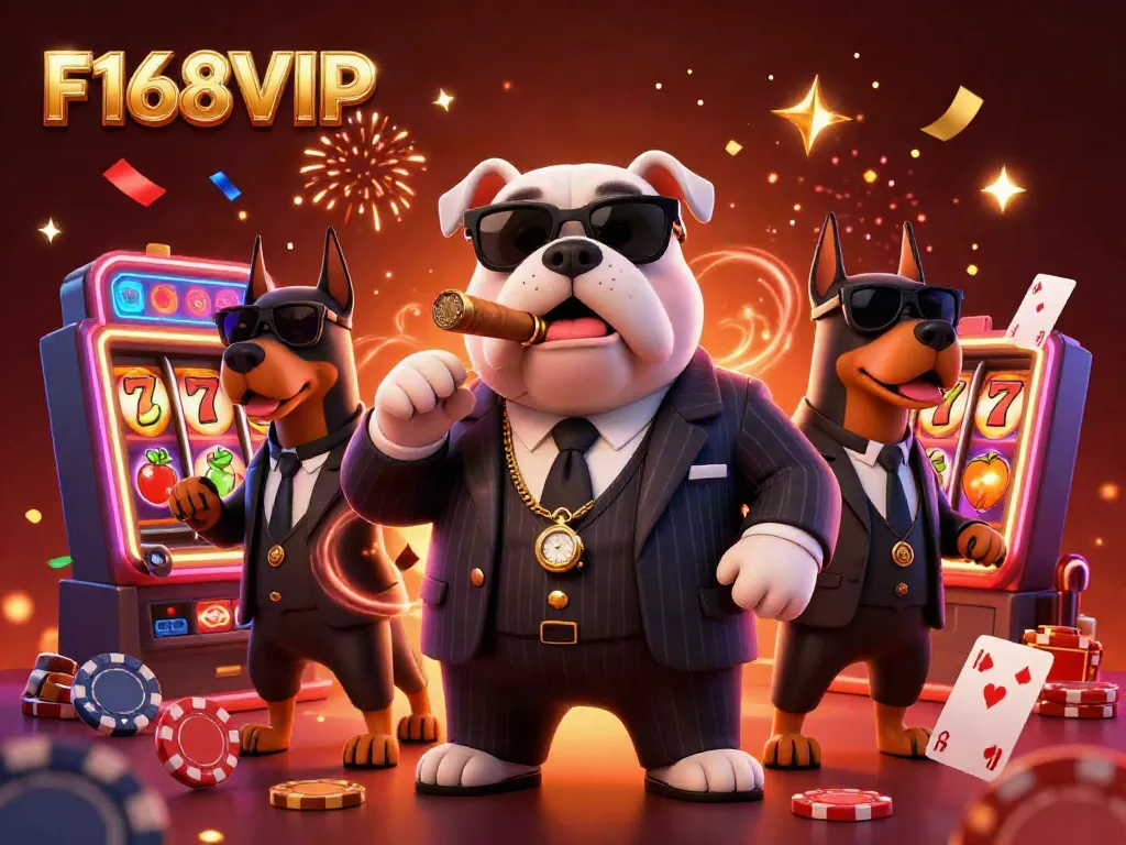 Engage with the thrilling world of F168VIP featuring a mafia bulldog boss surrounded by slot machines and vibrant casino elements.