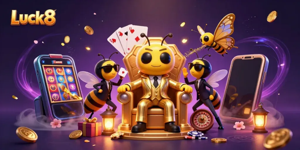 Luck8 showcases a dynamic casino scene with a bumblebee mob boss, slot games, and vibrant game elements.