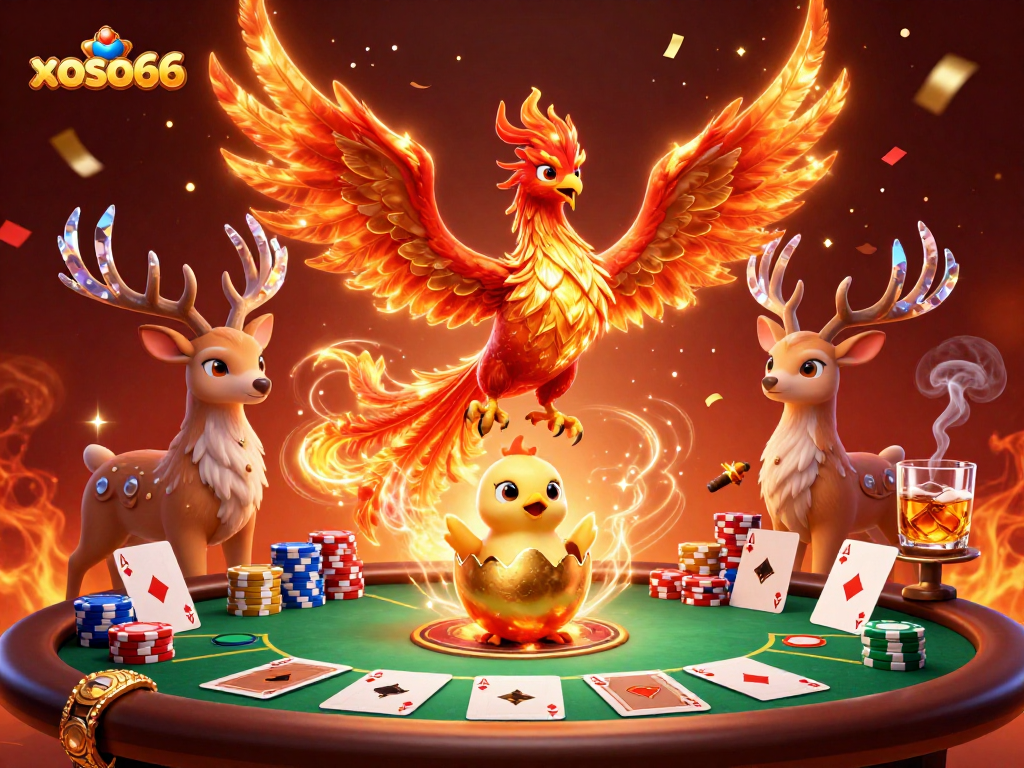 Engage with xoso66's thrilling casino experience featuring a majestic phoenix, poker elements, and festive atmosphere.