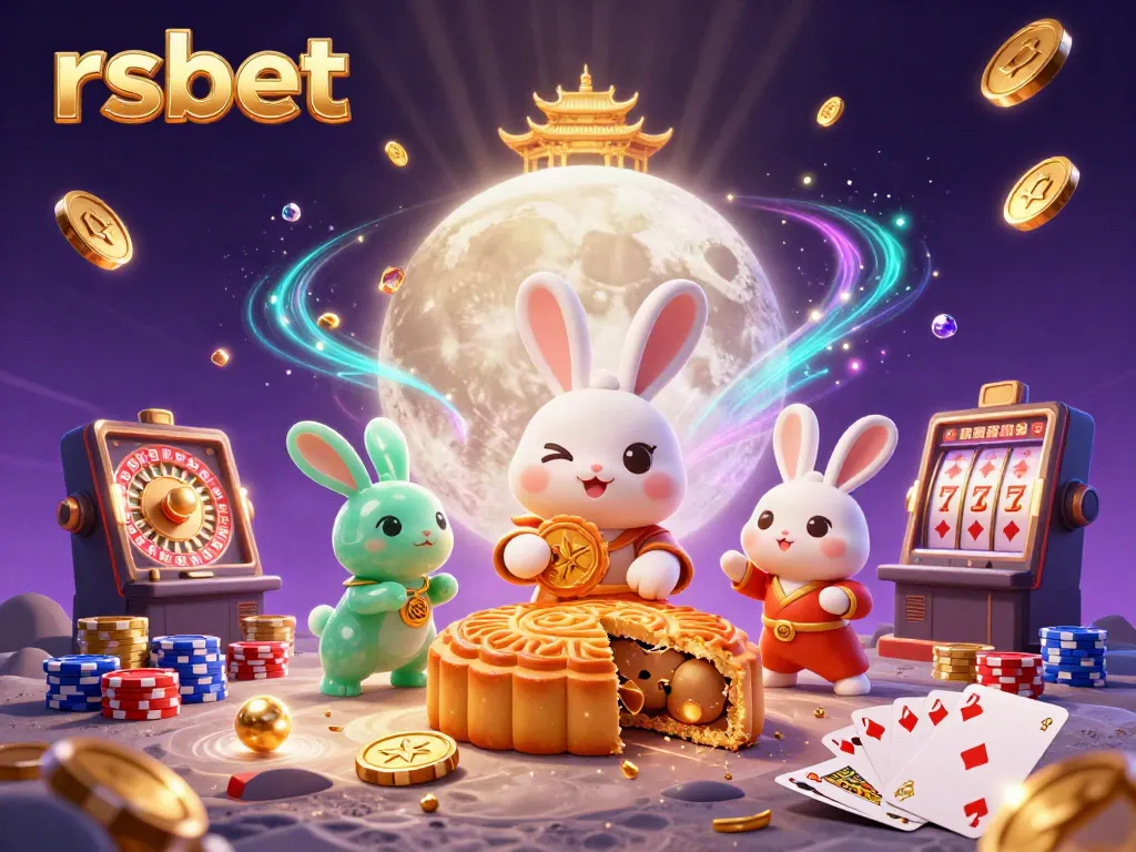 Experience the thrilling games on rsbet as the moon rabbit reveals poker chips amidst dazzling casino elements.