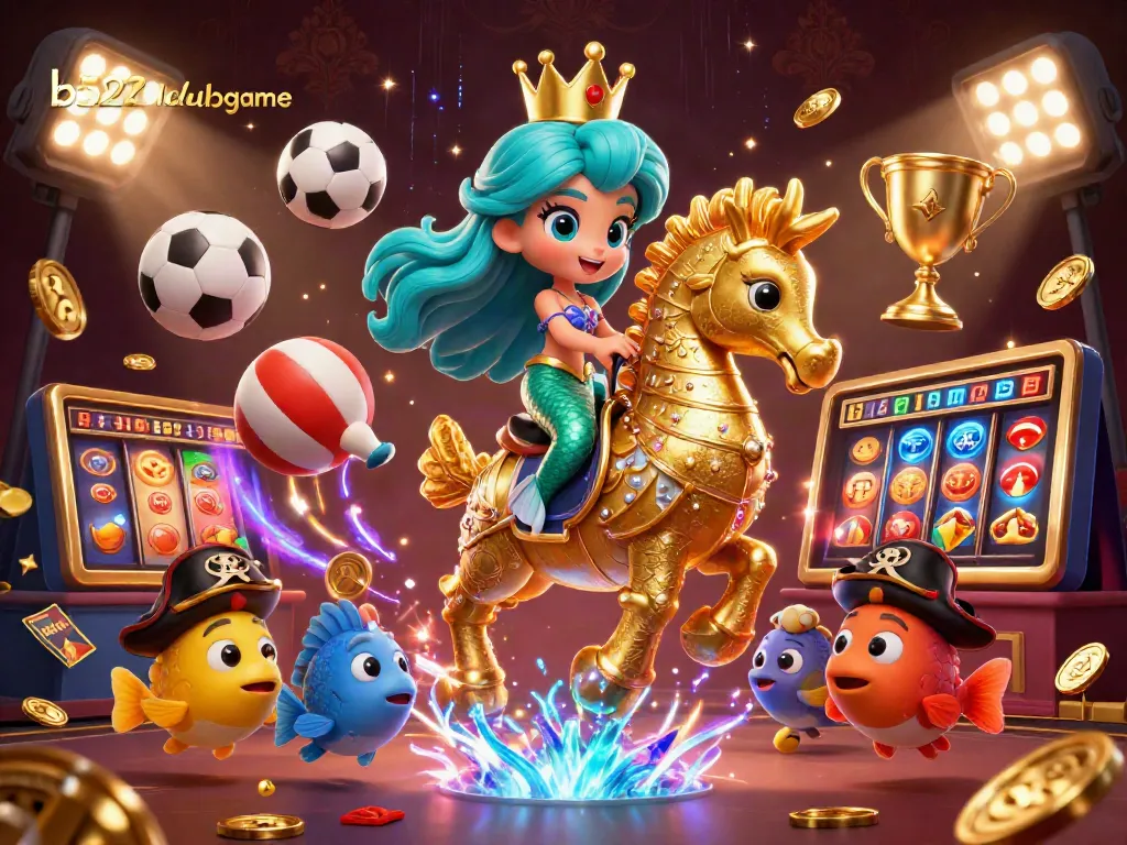 b52clubgame captivates with a vibrant mermaid riding a seahorse in a dynamic gambling-themed illustration.