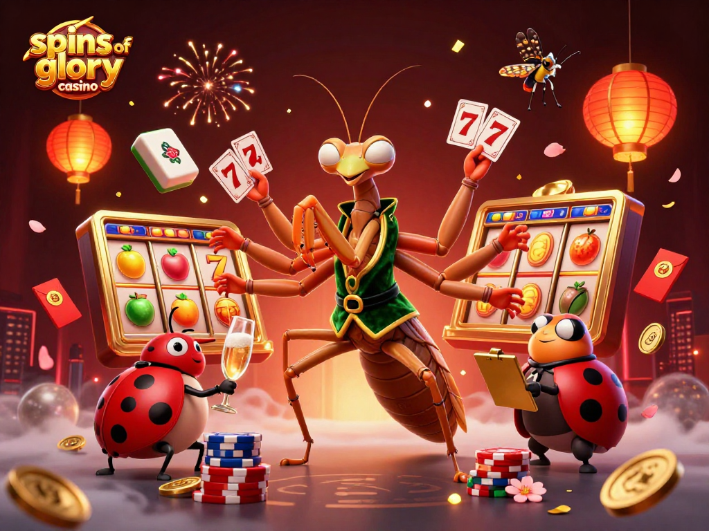 Engage in thrilling action at spins of glory casino with a vibrant 3D illustration of a giant mantis dealer