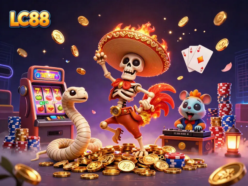 LC88 celebrating big wins with vibrant casino elements in a dynamic 3D illustration.