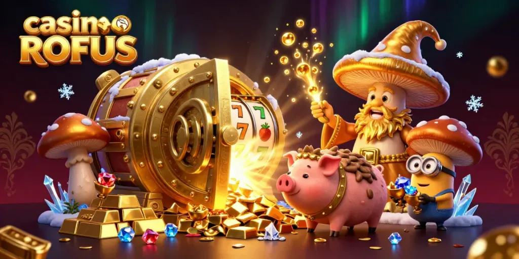 Experience winning excitement at casino uden ROFUS with animated treasures and vibrant slot symbols.